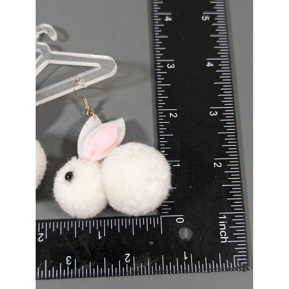 White Pom Pom Rabbit Dangle Earrings Easter Fuzzy - Picture 5 of 5
